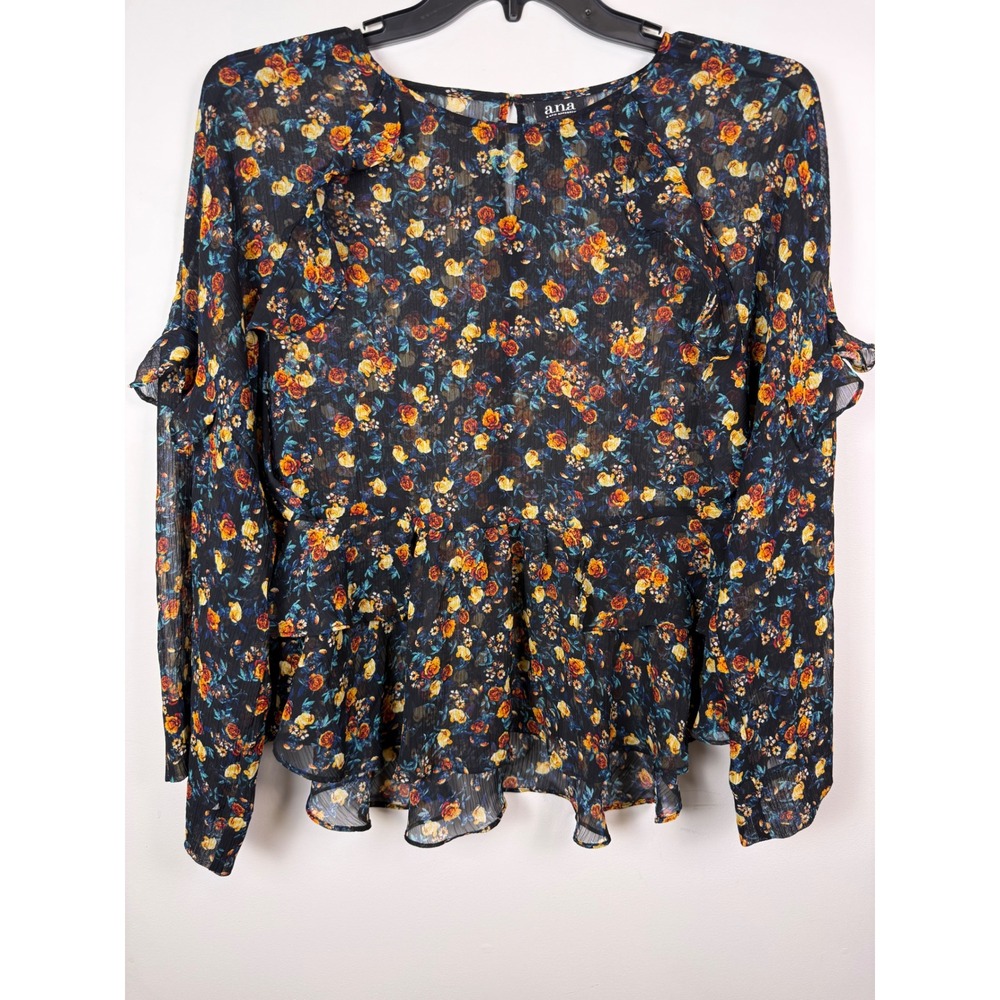 ana Floral Ruffle Peplum Blouse Womens XL Black Orange Rose Sheer Long‎ Sleeve